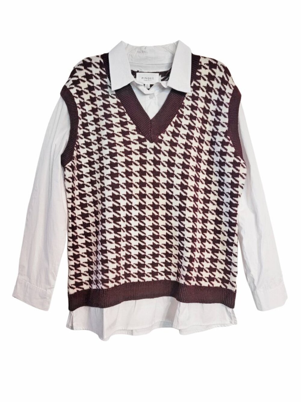 Pinque Mahalia Houndstooth Layered V Neck Sweater Vest Top in Plum